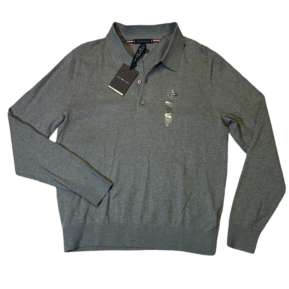 NEW Tommy Hilfiger mens L Large gray pima cotton cashmere polo style sweater NWT